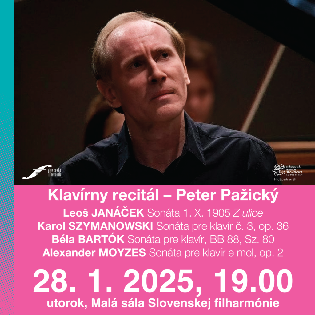 Cyklus Klavír a klaviristi ponúkne v utorok 28. januára koncert slovenského klaviristu Petra Pažického, ktorý svoj program vyskladal zo sonát štyroch skladateľov - Leoša Janáčka Bélu Bartóka, Karola Szymanowského a Alexandra Moyzesa. Koncert sa uskutoční v Malej sále Slovenskej filharmónie o 19.00.