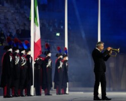 Performers participate in the closing ceremony of the 2026 Winter Olympics, in Verona, Italy, Sunday, Feb. 22, 2026. (AP Photo/Natacha Pisarenko)