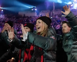 Athletes from Canada attend the closing ceremony of the 2026 Winter Olympics, in Verona, Italy, Sunday, Feb. 22, 2026. (AP Photo/Natacha Pisarenko)